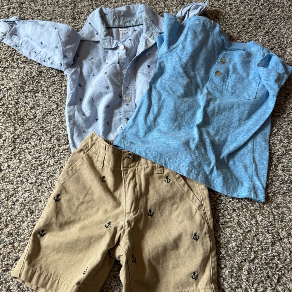 Carter's Toddler Boys Blue Shirt & Light Blue Polo with Tan Anchor Shorts